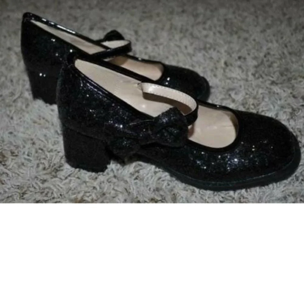 Black Glitter Dress Up Shoes 4/5 Low Block Heels Maryjane Halloween Girls